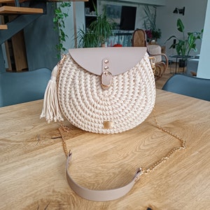 Crochet Crosssbody Vanilla Color Bag, Handmade Purse, Lexury Bag, For Her, Women, Gift, Unique Fashion, Elegant Leather Accessories Purse zdjęcie 2