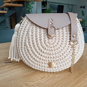 Crochet Crosssbody Vanilla Color Bag, Handmade Purse, Lexury Bag, For Her, Women, Gift, Unique Fashion, Elegant Leather Accessories Purse zdjęcie 1