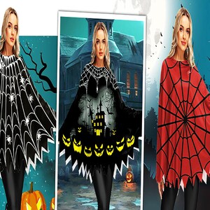 Handmade Halloween Pumpkin Costume Spider Web Skeleton Poncho Cloak, Perfect for Halloween Party, Superhero Party, Costume for Women