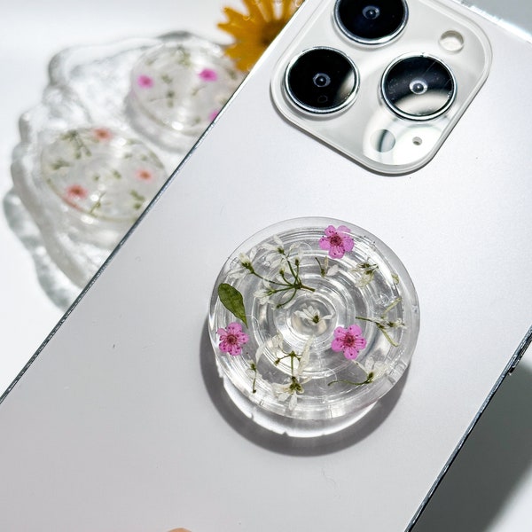 Pressed Forget-me-not Phone Grip Holder, Dry Real Flower Phone Holder, Handmade Resin Phone Holder, Real Flower Kindle Grip, Pink Flower