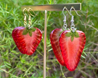 Real Strawberry Resin Earrings, Pressed Strawberry Earrings, Dried Fruit Dangle Drop Earring, Handmade Natural Fruit Jewelry, Christmas Gift