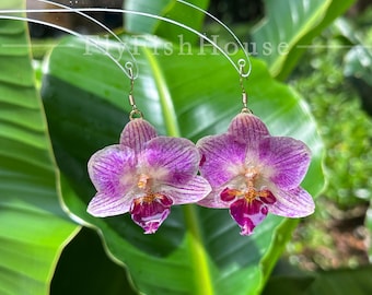 Real Phalaenopsis Orchid Dangle Earrings,Handmade Orchid Jewelry,Purple Floral Drop Earrings,Unique Botanical Earrings,Bridal Wedding Gift