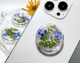 Pressed Leaf Phone Holder, Real Leaf Kindle Stand, Dried Flower Resin Phone Holder, Blue Flower Phone Grip, Pretty Kindle Grip,