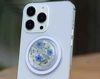 Real Forget-me-not Flower Phone Grip Holder,Pressed Real Flower Phone Holder, Magnetic Phone Grip, Cute Flower Kindle Grip, Real Blue Flower