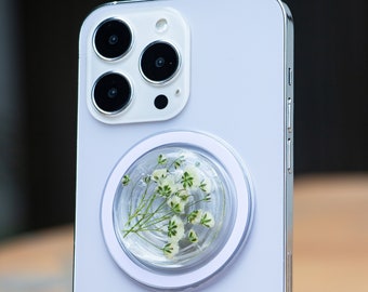 Magnetic Phone Grip, Pressed White baby's breath Phone Grip Holder, Dry Real Flower Phone Holder, Cute Phone Grip, Pretty Kindle Grip