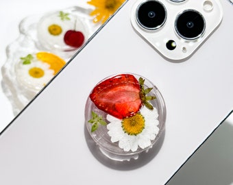 Pressed Strawberry Phone Grip Holder, Dried Strawberry Phone Holder, Dried Resin Fruit Phone Holder, Cute Phone Grip, Pretty Kindle Grip