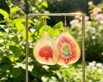 Pendientes de fruta de resina de higo real, pendientes de higo prensados, pendientes colgantes colgantes de higo seco, joyería de frutas naturales hecha a mano, regalo de Navidad para ella