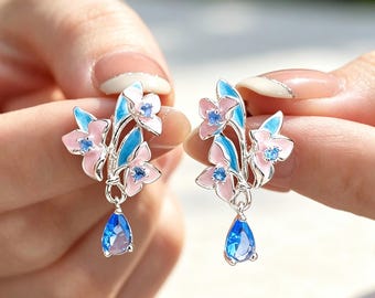 Orchid Dangle Earrings, Handmade Orchid Jewelry, Silver Orchid Branch Drop Earrings, Teardrop Blue Crystal Dainty Vintage Gift, Wedding Gift