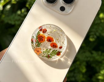 Soporte magnético para teléfono con flores secas de paniculata naranja, soporte magnético de resina con flores de nomeolvides auténticas, para Kindle, soporte Kindle floral bonito hecho a mano.