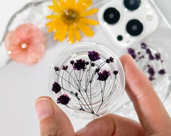 Dry Purple Baby's Breath Phone Grip Holder, Dry Pressed Real Flower Phone Holder, Handmade Resin Phone Holder, Gift for teacher