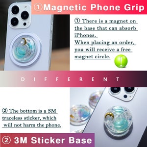 May include: A white iPhone with a clear phone grip with a blue and gold design. The grip has a magnetic base and a 3M sticker for secure attachment. The text "1 Magnetic Phone Grip" and "2 3M Sticker Base" are visible in the image.