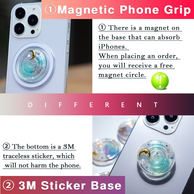 May include: A white iPhone with a clear phone grip with a blue and gold design. The grip has a magnetic base and a 3M sticker for secure attachment. The text "1 Magnetic Phone Grip" and "2 3M Sticker Base" are visible in the image.