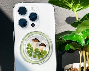 Mushroom Magnetic Phone Grip,Wild Mushroom Phone Grip,Real Mushrooms With Green Leaves Magnetic Phone Grip,Cute Nature Leaves Kindle Grip