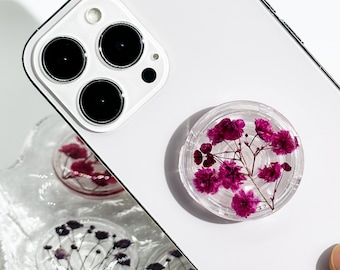 Purplish Red Baby's Breath Phone Grip Holder, Pressed Real Flower Phone Holder, Resin Phone Holder,Real Gypsophila Flower Kindle Grip Holder