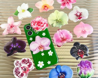 Orchid Magnetic Phone Grip, Black Red Resin Floral Grip Holder, Purple Pansy Flower Kindle Accessories, Tropical Plant, Birth Christmas Gift