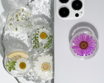 Dried Real Daisy Phone Grip Holder, Pressed Real Flower Phone Holder, Handmade Resin Transparent Phone Holder, Gift For Women