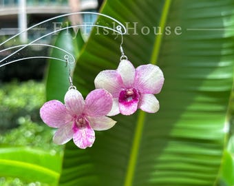 Real Phalaenopsis Orchid Dangle Earrings,Handmade Orchid Jewelry,Purple Floral Drop Earrings,Unique Botanical Earrings,Bridal Wedding Gift