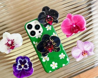 Soporte magnético para teléfono con forma de orquídea, soporte floral de resina rosa y negro, accesorios para Kindle con forma de pensamiento morado, regalo de Navidad con diseño de planta tropical