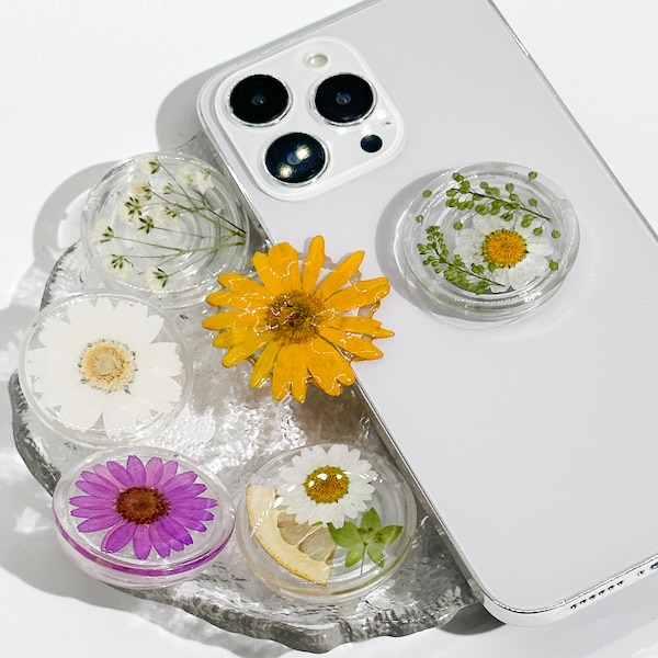 Dry Daisy Phone Grip Holder, Dry Pressed Real Flower Phone Holder, Handmade Resin Phone Holder, Gift for Mother, Birthday Gift