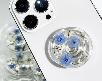 Real Forget-me-not Flower Phone Grip Holder,Pressed Real Flower Phone Holder, Magnetic Phone Grip, Cute Flower Kindle Grip, Real Blue Flower