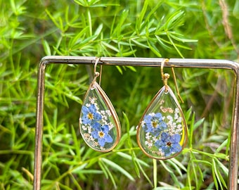 No me olvides pendientes de resina de flores reales, pendientes de flores prensadas, pendientes colgantes colgantes de flores secas, joyas de flores naturales, regalo de Navidad