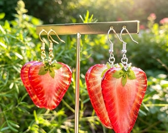 Real Strawberry Resin Earrings, Pressed Strawberry Earrings, Dried Fruit Dangle Drop Earring, Handmade Natural Fruit Jewelry, Christmas Gift
