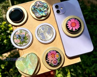Agarre magnético chapado en oro, agarre para teléfono de resina con flores secas prensadas reales, lector electrónico Kindle, accesorio floral hecho a mano para leer, accesorio Kindle