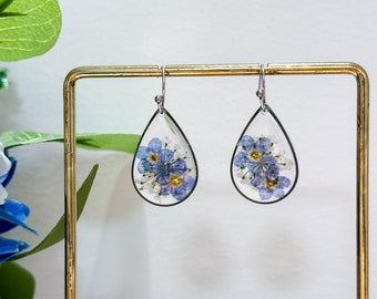Forget Me Not Real Flower Resin Earrings, Pressed Flower Earrings, Dried Flower Dangle Drop Earrings, Natural Flower Jewelry, Christmas Gift