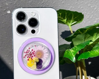 Agarre magnético para teléfono con pensamientos reales, margaritas prensadas, flores reales, bonito agarre para Kindle, encaje real para Magsafe.