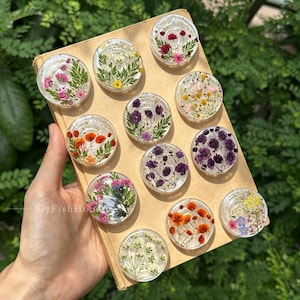 May include: A collection of twelve circular resin cabochons arranged on a rectangular tan card. Each clear resin piece encapsulates a unique arrangement of dried, pressed flowers and green foliage in various colours including pink, purple, orange, and yellow.