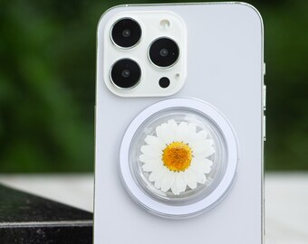 Pressed Daisy Phone Grip,Pressed Real Flower Phone Holder,Cute Transparent Phone Grip, Pink Flower Kindle Grip, Christmas Phone Accessories