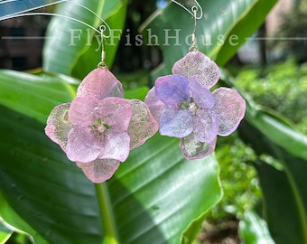 Real Hydrangea Flower Earrings, Preserved Dried Floral Dangle Earrings,Resin Dried Flower Drop Earrings, Boho Floral Jewelry Gift for Women