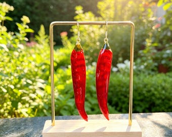 Pendientes de resina con pimienta real, pendientes de chile prensado, pendientes colgantes de chile rojo seco, joyería natural hecha a mano, regalo de Navidad para ella