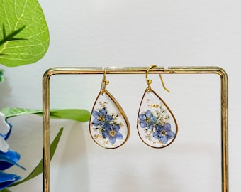 Forget Me Not Real Flower Resin Earrings, Pressed Flower Earrings, Dried Flower Dangle Drop Earrings, Natural Flower Jewelry, Christmas Gift