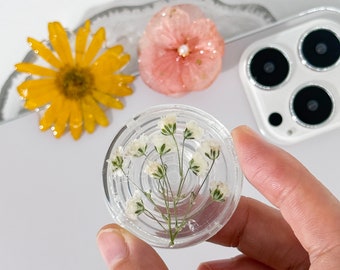 Dry White baby's breath Phone Grip Holder, Dry Pressed Real Flower Phone Holder, Handmade Resin Phone Holder, Gift for teacher