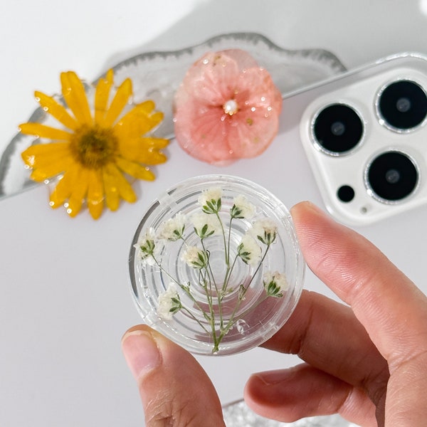 Dry White baby's breath Phone Grip Holder, Dry Pressed Real Flower Phone Holder, Handmade Resin Phone Holder, Gift for teacher