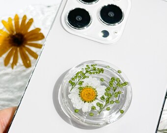 Dry Daisy Phone Grip Holder, Dry Pressed Real Flower Phone Holder, Handmade Resin Phone Holder, Gift for Mother, Birthday Gift
