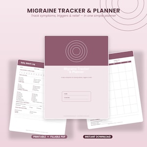 Könnte beinhalten: Ein digitaler Migräne-Tracker und Planer in Mauve und Weiß. Das Deckblatt zeigt eine kreisförmige Zielgrafik und den Text Migraine Tracker & Planner. Die Innenseiten enthalten ein tägliches Angriffsprotokoll und ein Monatskalenderraster.