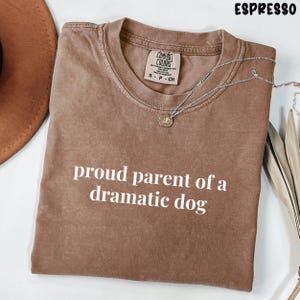 May include: Espresso-colored t-shirt with the text "proud parent of a dramatic dog" in white. The shirt has a crew neck and short sleeves. A silver necklace with a pendant is draped across the shirt.