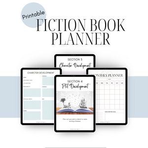May include: Printable fiction book planner with three sections: character development, plot development, and a monthly planner. The plot development section features an illustration of a book with a ship and palm tree.