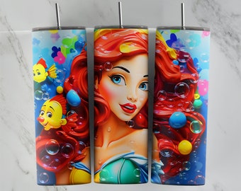 3D Inflated Little Mermaid tumbler design, 20 oz skinny tumbler design, sublimation image, tumbler wrap,  Mermaid cup, Little sublimation