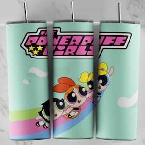 Powerpuffpinglornas tumblerdesign, 20 oz smal tumblerdesign, sublimeringsbild, tumbleromslag, Powerpuffpinglornas kopp, Powerpuff sublimering
