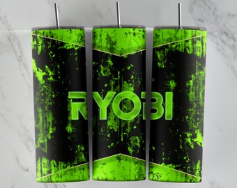 May include: Three black and green stainless steel tumblers with a distressed green and black background and the word "RYOBI" in green letters.