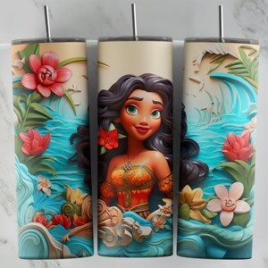 Könnte beinhalten: Ein Edelstahlbecher mit einem farbenfrohen Design, das eine Comicfigur mit langen dunklen Haaren, einem Blumenmuster und einer blauen Welle zeigt. Der Becher ist perfekt für Getränke.