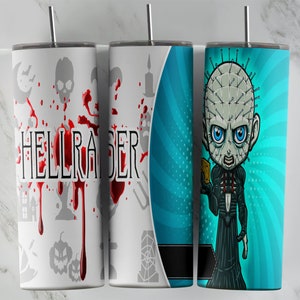 May include: Three stainless steel tumblers with different designs. The first tumbler has a white background with red blood splatter and the text "HELLRAISER". The second tumbler has a blue and white swirl background with a black spider web. The third tumbler has a blue background with a cartoon character from the movie "Hellraiser".