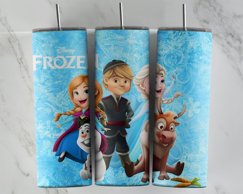 May include: A blue and white tumbler with a Frozen theme. The tumbler features images of Anna, Elsa, Kristoff, Olaf, and Sven. The text "Disney Frozen" is printed on the tumbler.