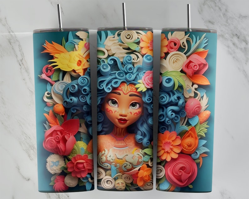 May include: A teal tumbler with a colorful illustration of a woman with blue hair surrounded by flowers and other floral designs. The woman has a pink and white face with brown eyes and a pink mouth.