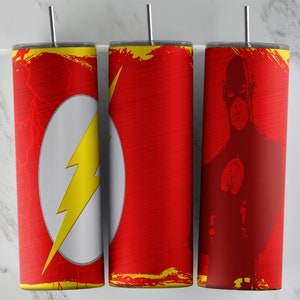 May include: Three stainless steel tumblers with a red, yellow, and white design featuring the Flash superhero logo. The tumblers have a brushed metal finish and a straw.