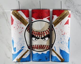 Puede incluir: Tres vasos de acero inoxidable con temática de béisbol. Los vasos están decorados con un esquema de color rojo, blanco y azul, una pelota de béisbol con una cara y dos bates de béisbol cruzados.