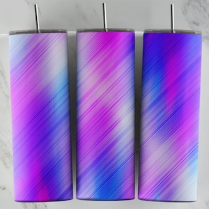 May include: Three stainless steel tumblers with lids and straws. The tumblers have a gradient design with shades of pink, purple, and blue.